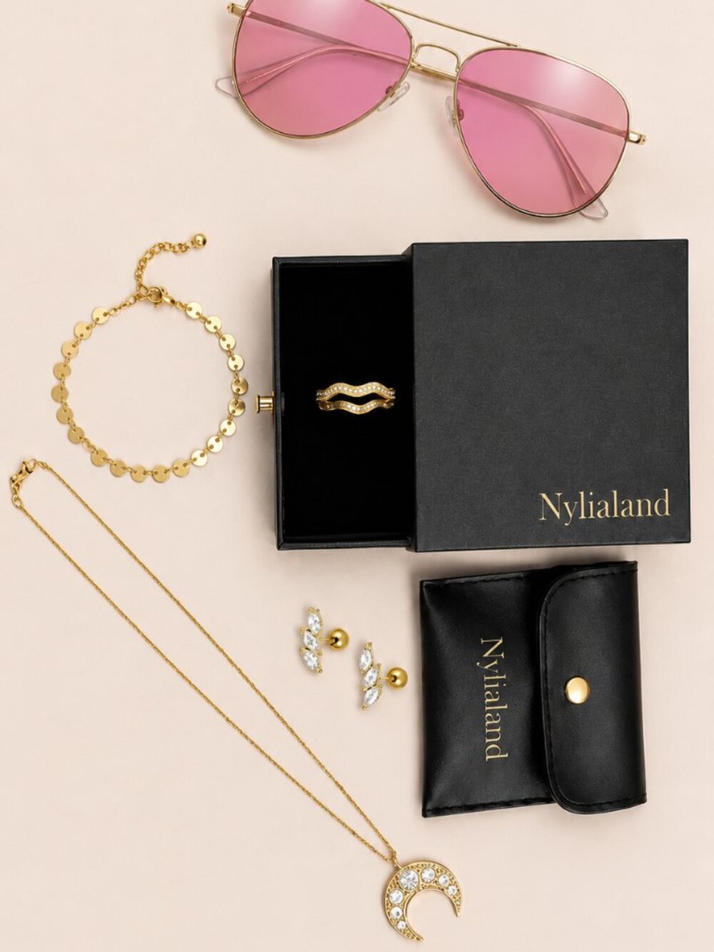 Nylialand Gold Jewelry Set | Crystal Crescent Moon Necklace & Pink Sunnies
